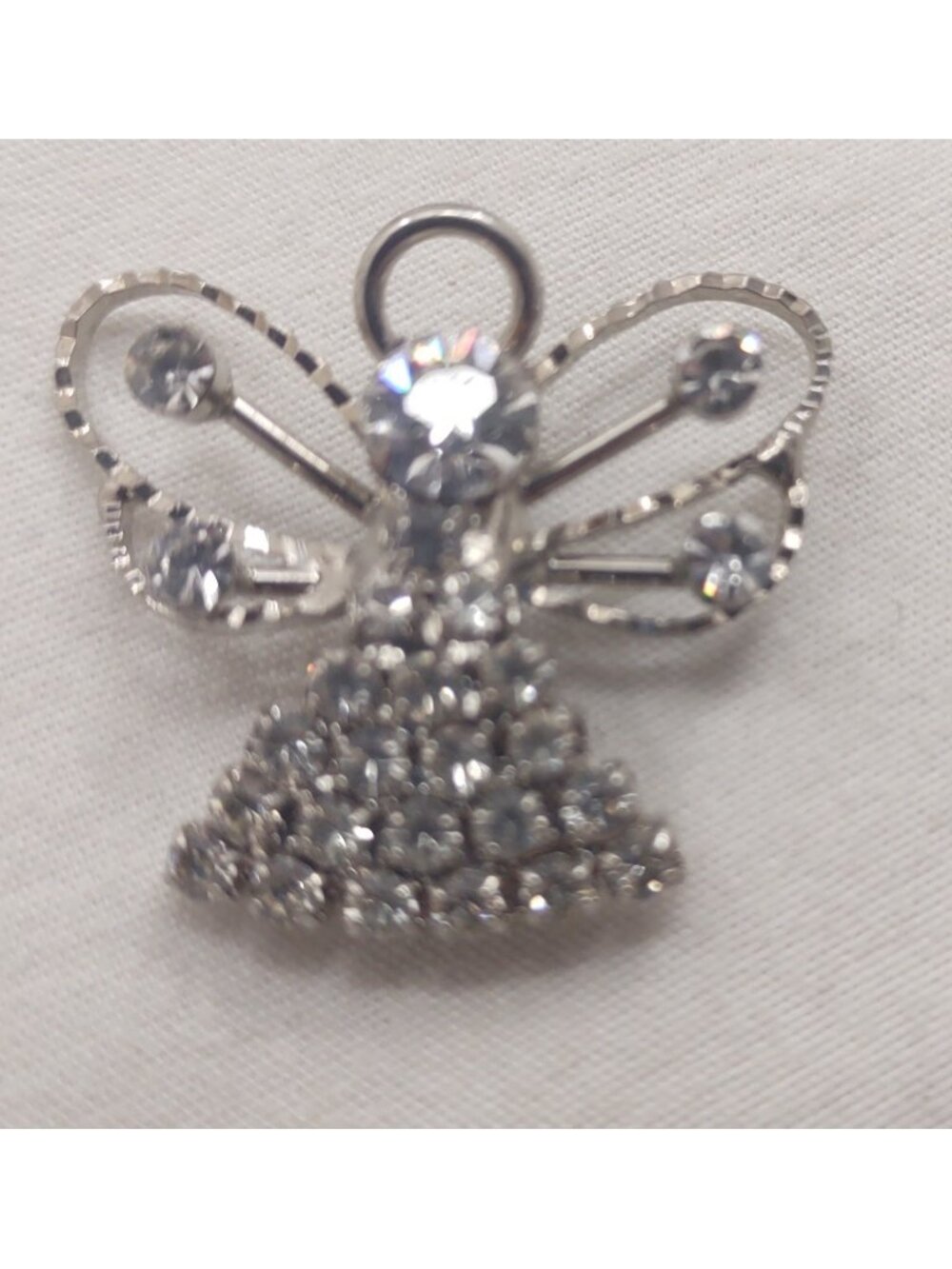 Vintage Silver Tone Rhinestone Angel Brooch Clear Crystal Guardian Pin